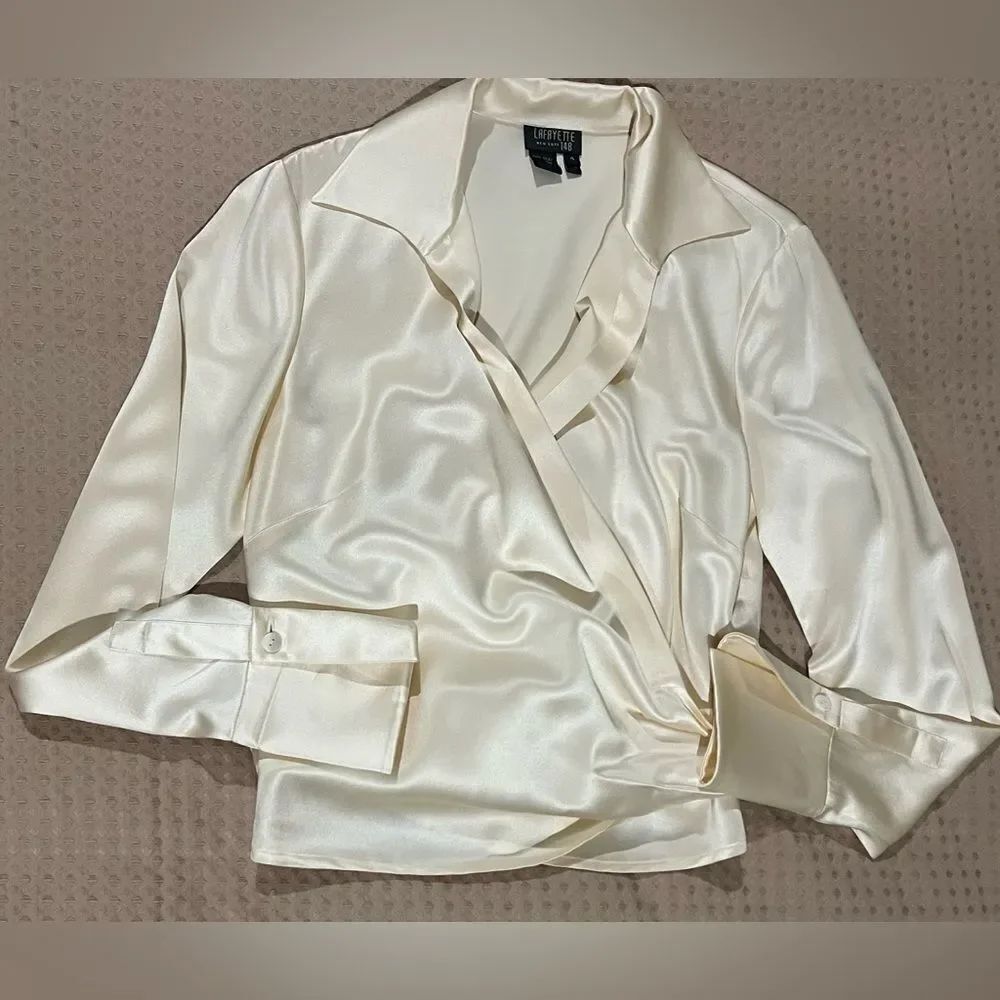 Lafayette 148 New York Cream Silky Wrap Top - Picture 4 of 12
